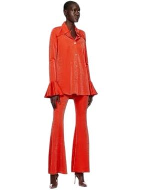 Sleeper Lurex Lounge Set Red Glitter Metallic Pajama Suit Flare Pants Ruffle Top